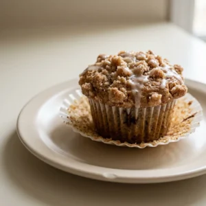 Top-down look at a round muffin with a cinnamon-brown crumb topping and visible banana pieces.