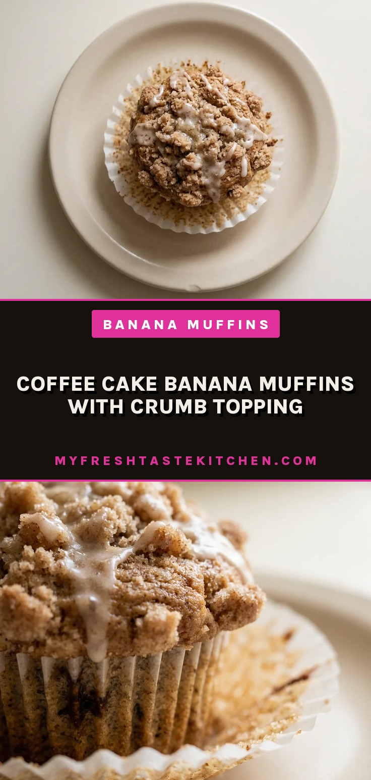 Top-down look at a round muffin with a cinnamon-brown crumb topping and visible banana pieces.
