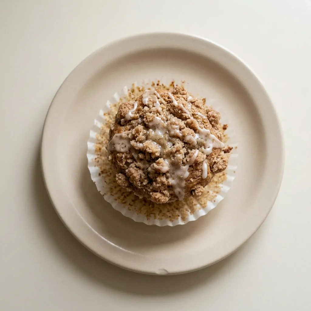 A serving of a single muffin with a golden-brown crumb topping and a dusting of powdered sugar.