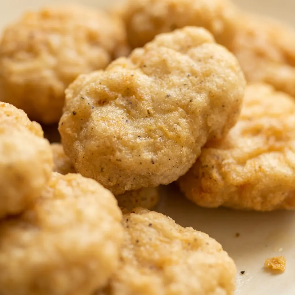 Macro detail of a single chicken nugget showing a crispy, textured coating with ground chicken visible inside.
