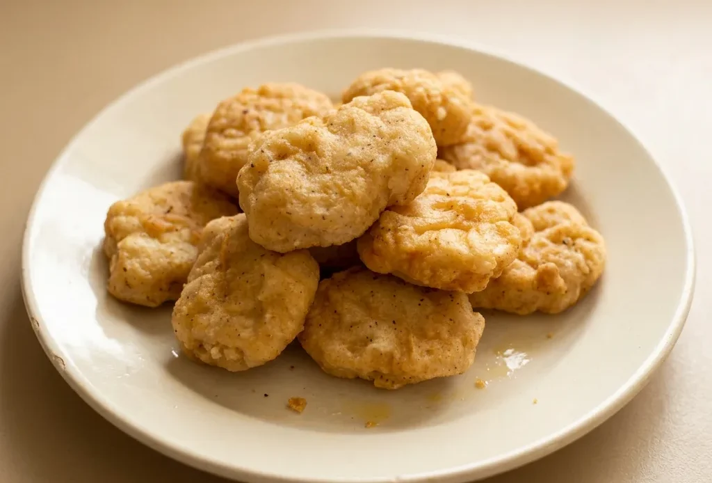 Top-down look at golden-brown chicken nuggets arranged in a circle, with visible specks of paprika and garlic powder.