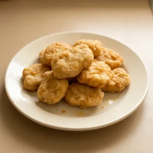 Top-down look at golden-brown chicken nuggets arranged in a circle, with visible specks of paprika and garlic powder.
