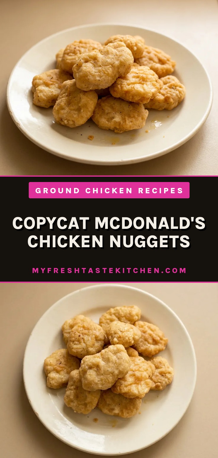 Top-down look at golden-brown chicken nuggets arranged in a circle, with visible specks of paprika and garlic powder.