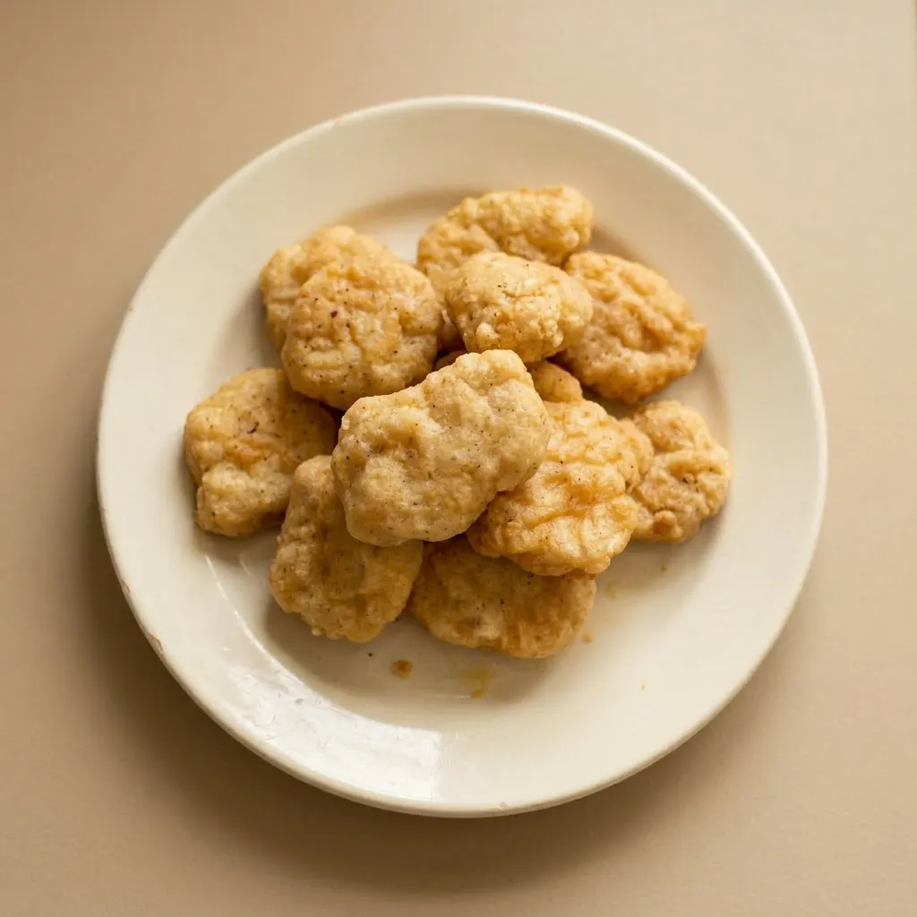A serving of chicken nuggets piled casually, some with cornstarch-dusted surfaces, seasoned with onion and garlic powder.