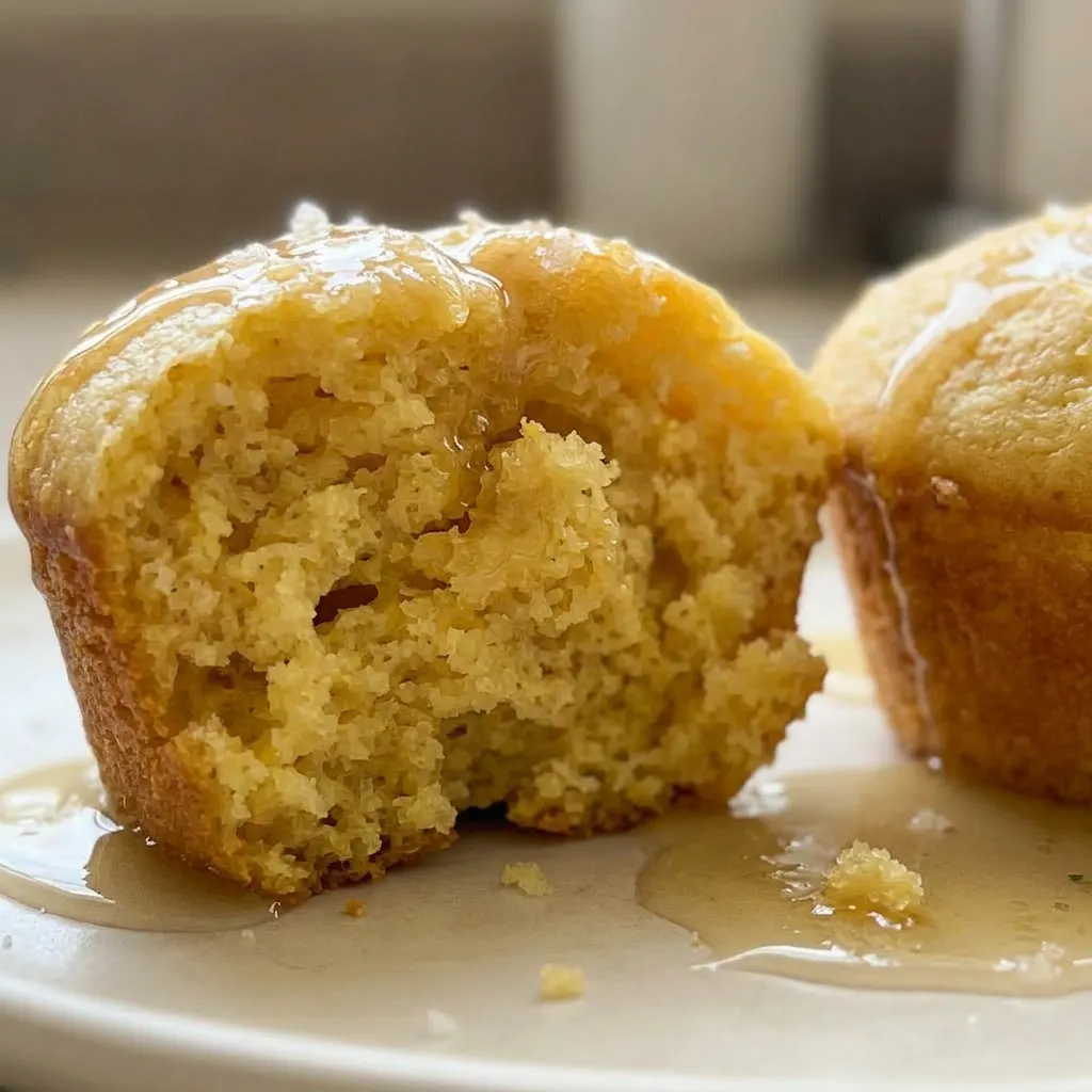 Up close, a golden-brown cornbread muffin with a smooth honey butter glaze dripping slightly over the top and sides.