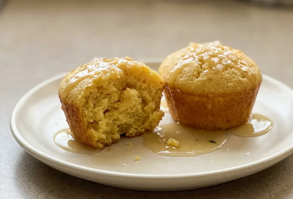 Looking down at a round cornbread muffin topped with a glossy honey butter glaze, with visible cornmeal specks.