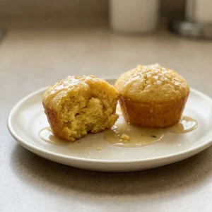 Looking down at a round cornbread muffin topped with a glossy honey butter glaze, with visible cornmeal specks.