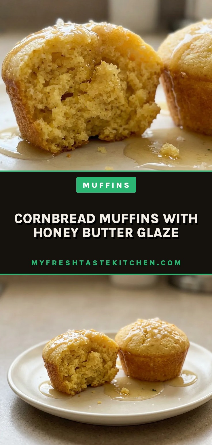 Looking down at a round cornbread muffin topped with a glossy honey butter glaze, with visible cornmeal specks.