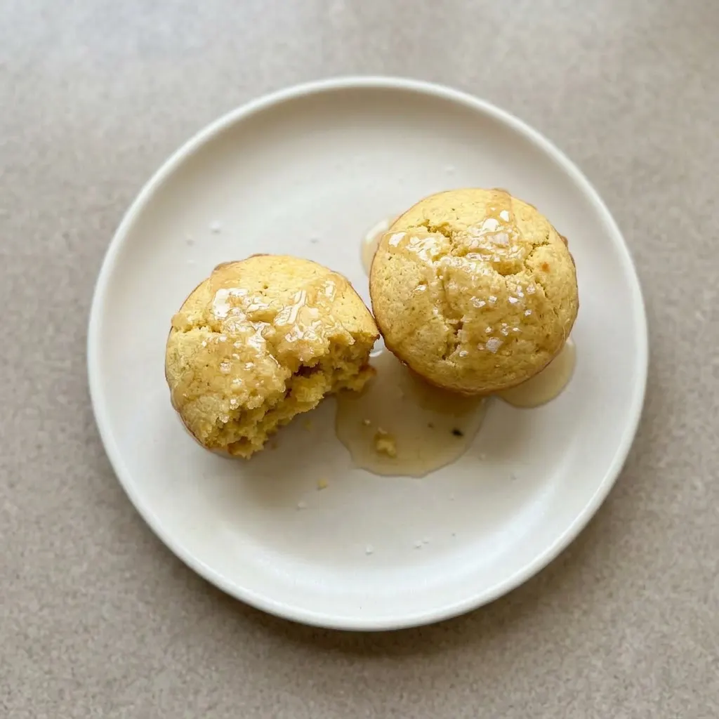 A plate of cornbread muffins with a honey butter glaze, showing the soft crumb and golden crust.
