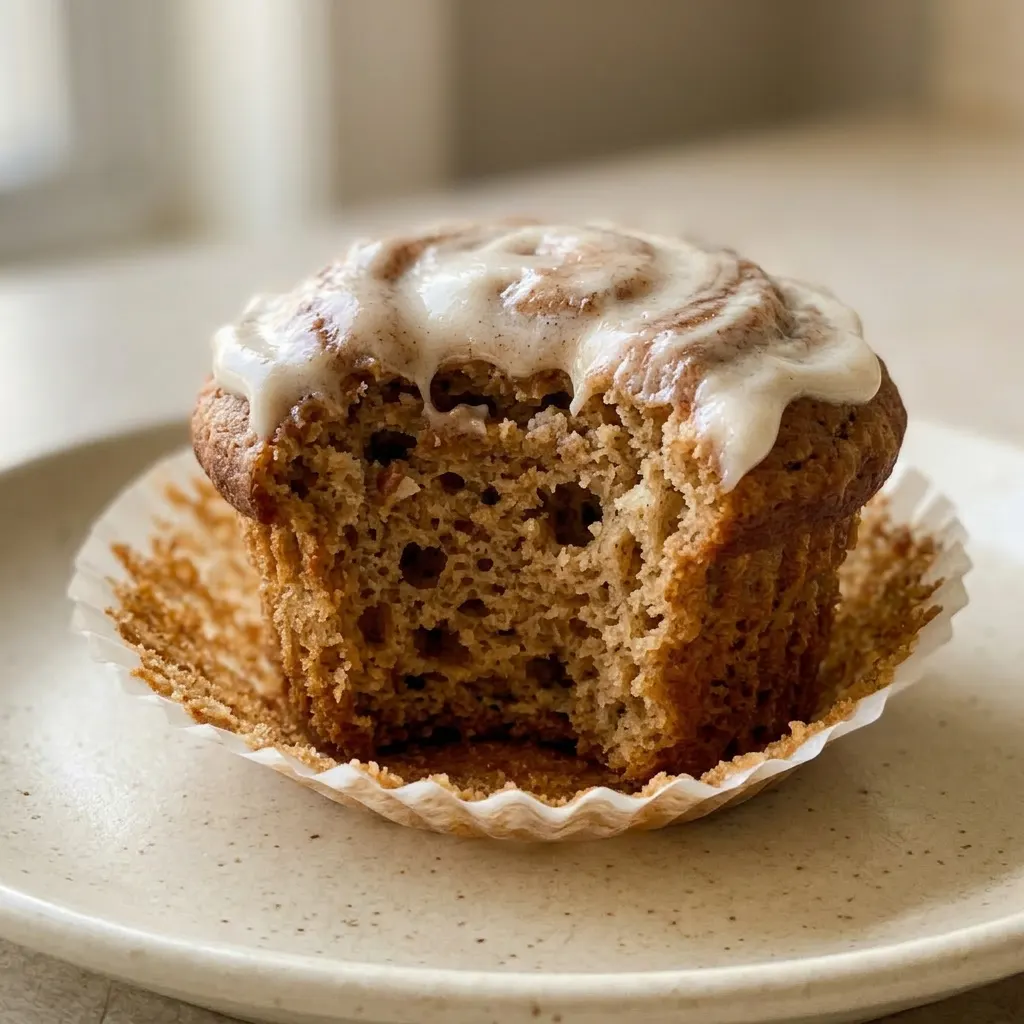Zoomed in on a muffin with visible cottage cheese curds and cinnamon swirl, peanut butter on top.