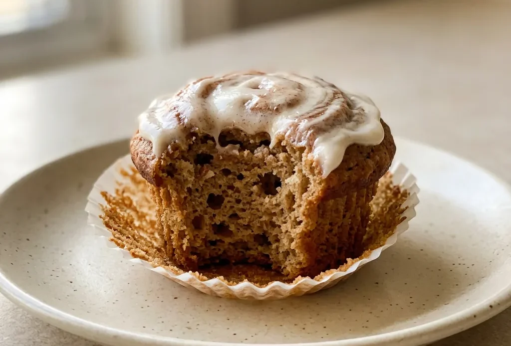 Bird's-eye view of two muffins topped with peanut butter drizzle and banana slices on a white plate.