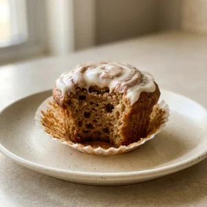 Bird's-eye view of two muffins topped with peanut butter drizzle and banana slices on a white plate.