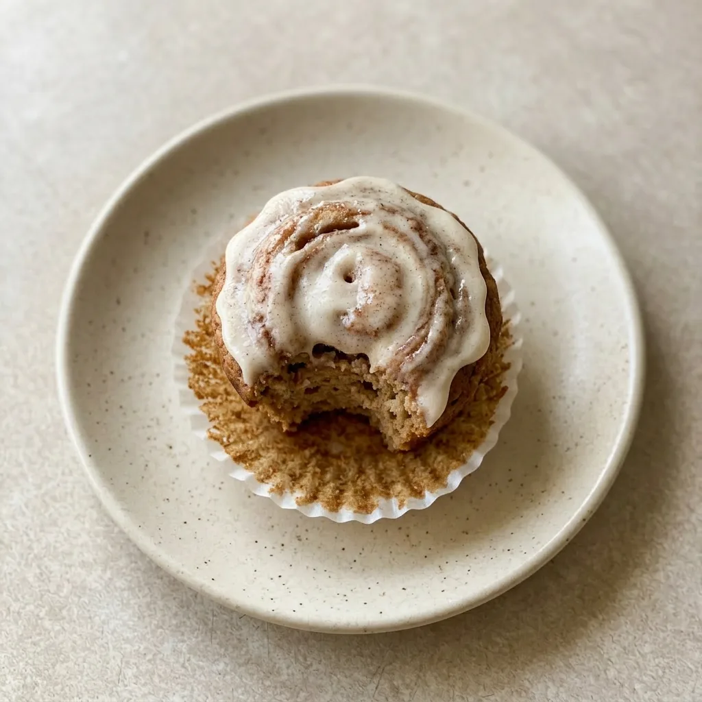 Ready to serve: a muffin with Greek yogurt dollop and maple syrup drizzle, banana slice garnish.