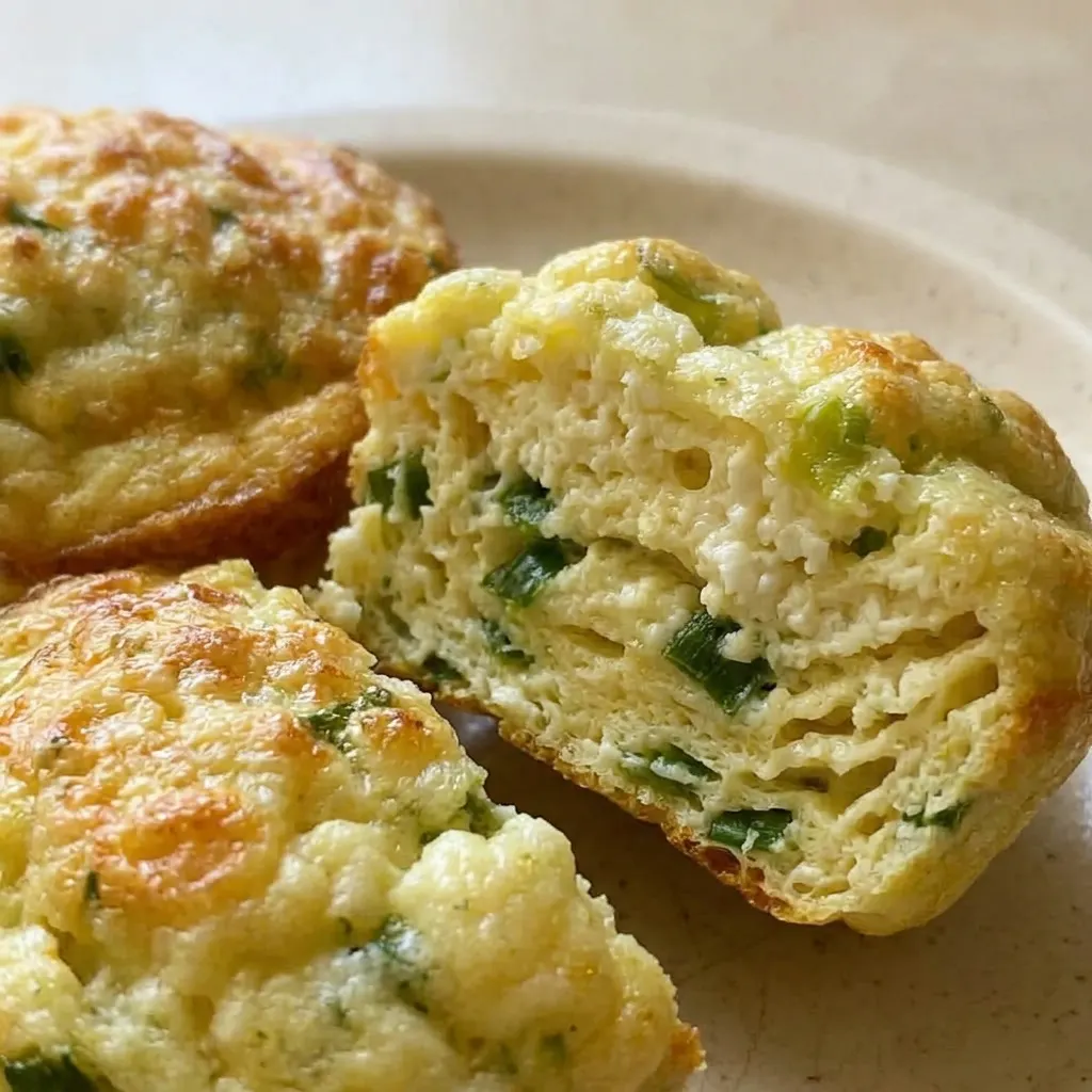 Macro detail of a golden-brown muffin with visible cottage cheese curds, melted cheddar, and scallion rings.