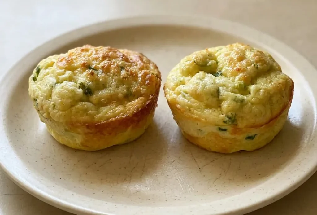 Top-down look at three cottage cheese egg muffins topped with shredded cheddar and sliced scallions.