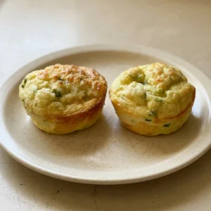 Top-down look at three cottage cheese egg muffins topped with shredded cheddar and sliced scallions.