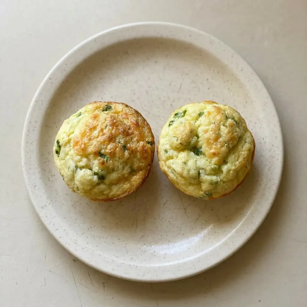A serving of two cottage cheese egg muffins with cheddar cheese and scallions.