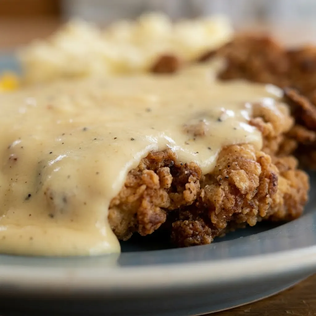 Up close, a breaded pork chop with creamy white gravy and visible cayenne pepper flakes.
