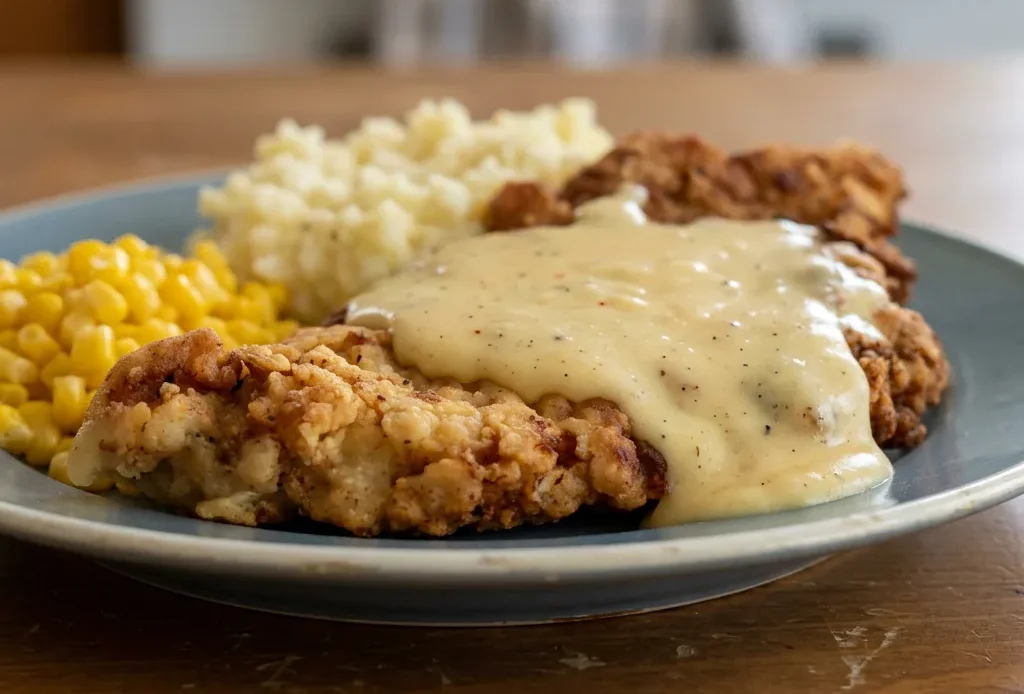 Looking down at three breaded pork chops topped with white gravy and a sprinkle of cayenne pepper.