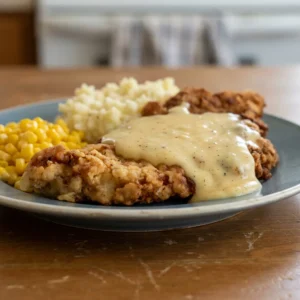 Looking down at three breaded pork chops topped with white gravy and a sprinkle of cayenne pepper.