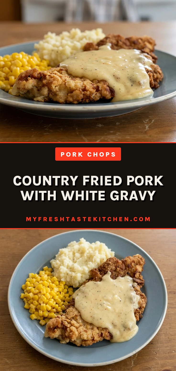 Looking down at three breaded pork chops topped with white gravy and a sprinkle of cayenne pepper.