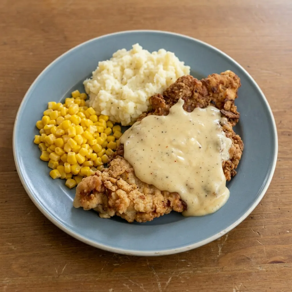 A plate of breaded pork chops covered in white gravy and garnished with cayenne pepper.