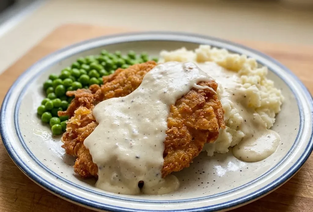 Overhead shot of a breaded cube steak covered in creamy white gravy, with black pepper specks visible.