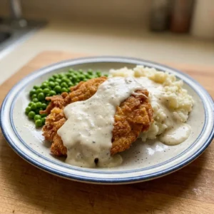 Overhead shot of a breaded cube steak covered in creamy white gravy, with black pepper specks visible.