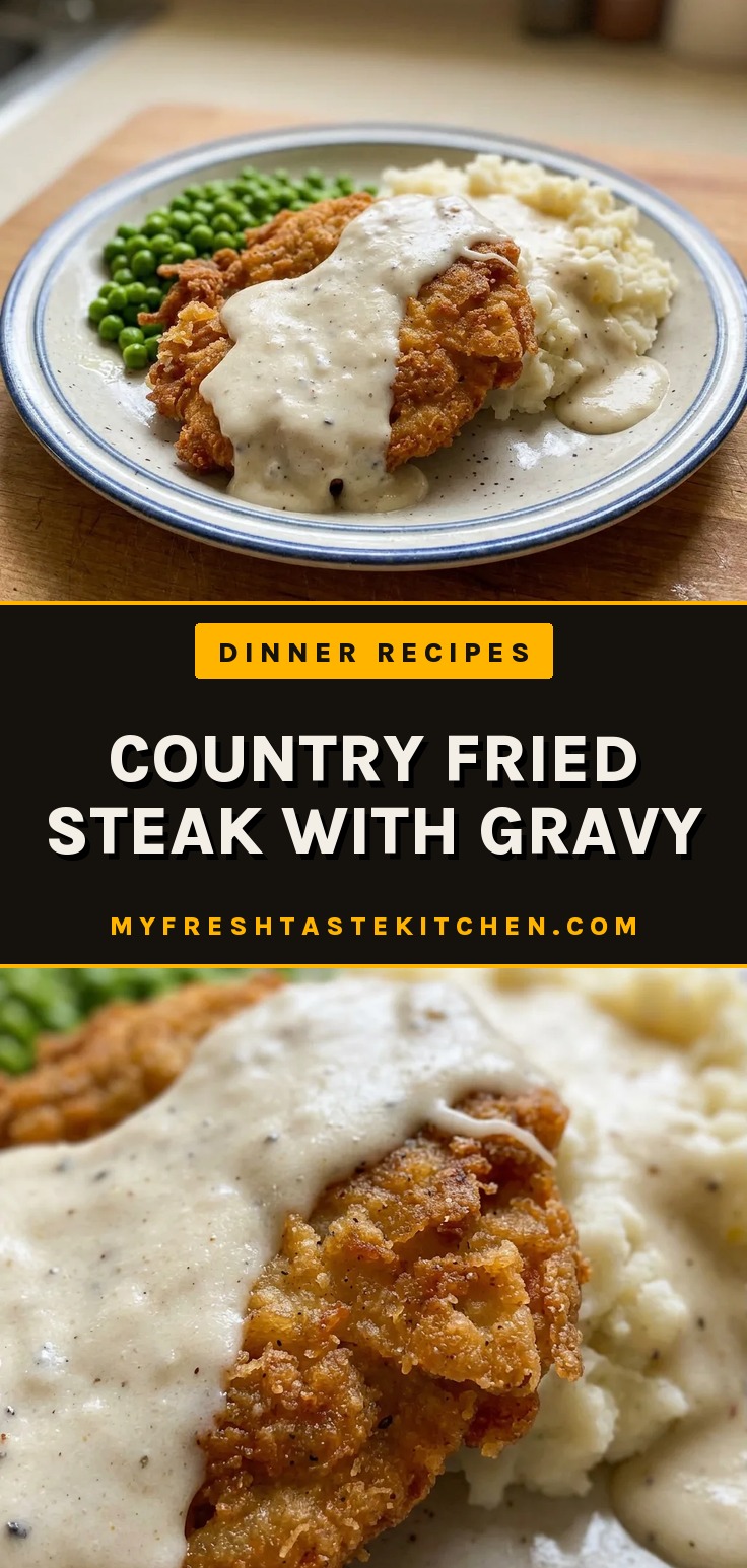 Overhead shot of a breaded cube steak covered in creamy white gravy, with black pepper specks visible.