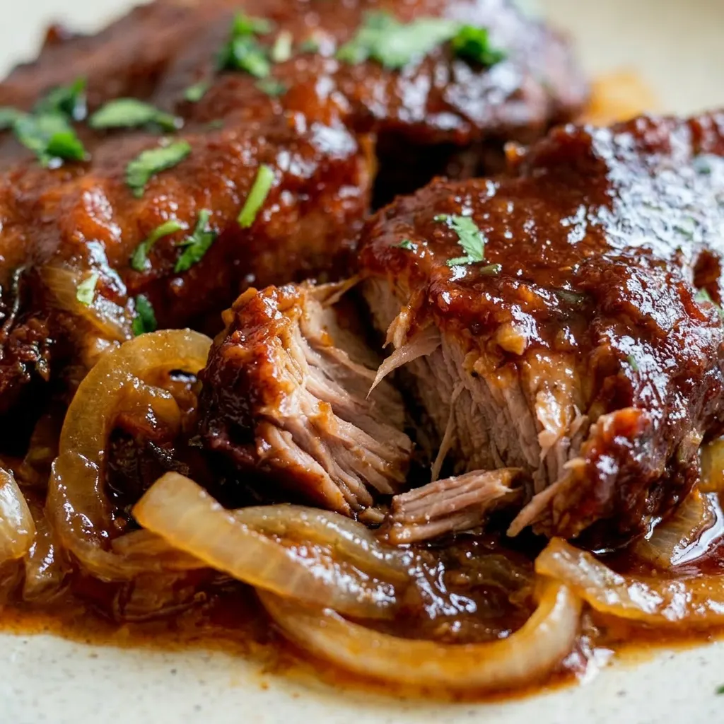 Macro detail of a single pork rib, shiny BBQ sauce clinging to the meat, with a slight char and scattered seasoning bits.