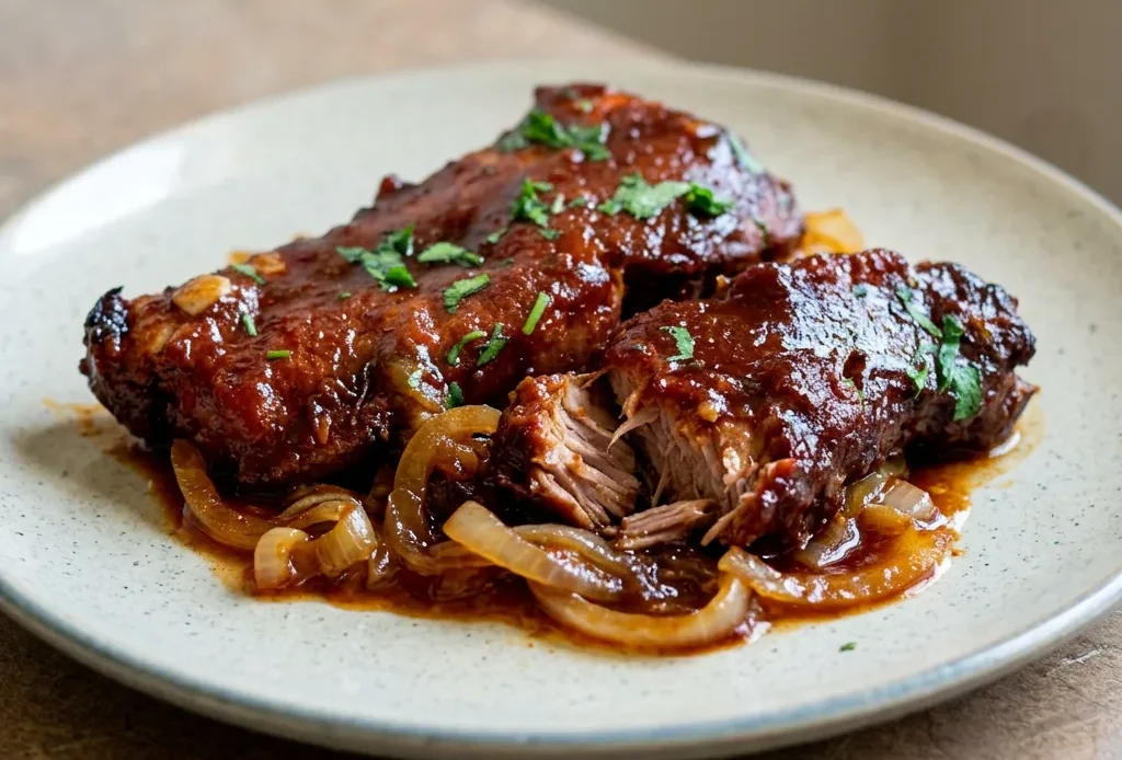 Top-down look at glazed pork ribs on a white plate, coated in thick brown BBQ sauce with visible specks of chili and garlic.