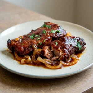 Top-down look at glazed pork ribs on a white plate, coated in thick brown BBQ sauce with visible specks of chili and garlic.
