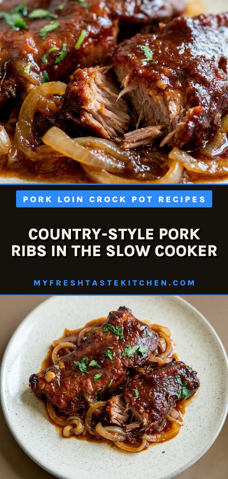Top-down look at glazed pork ribs on a white plate, coated in thick brown BBQ sauce with visible specks of chili and garlic.