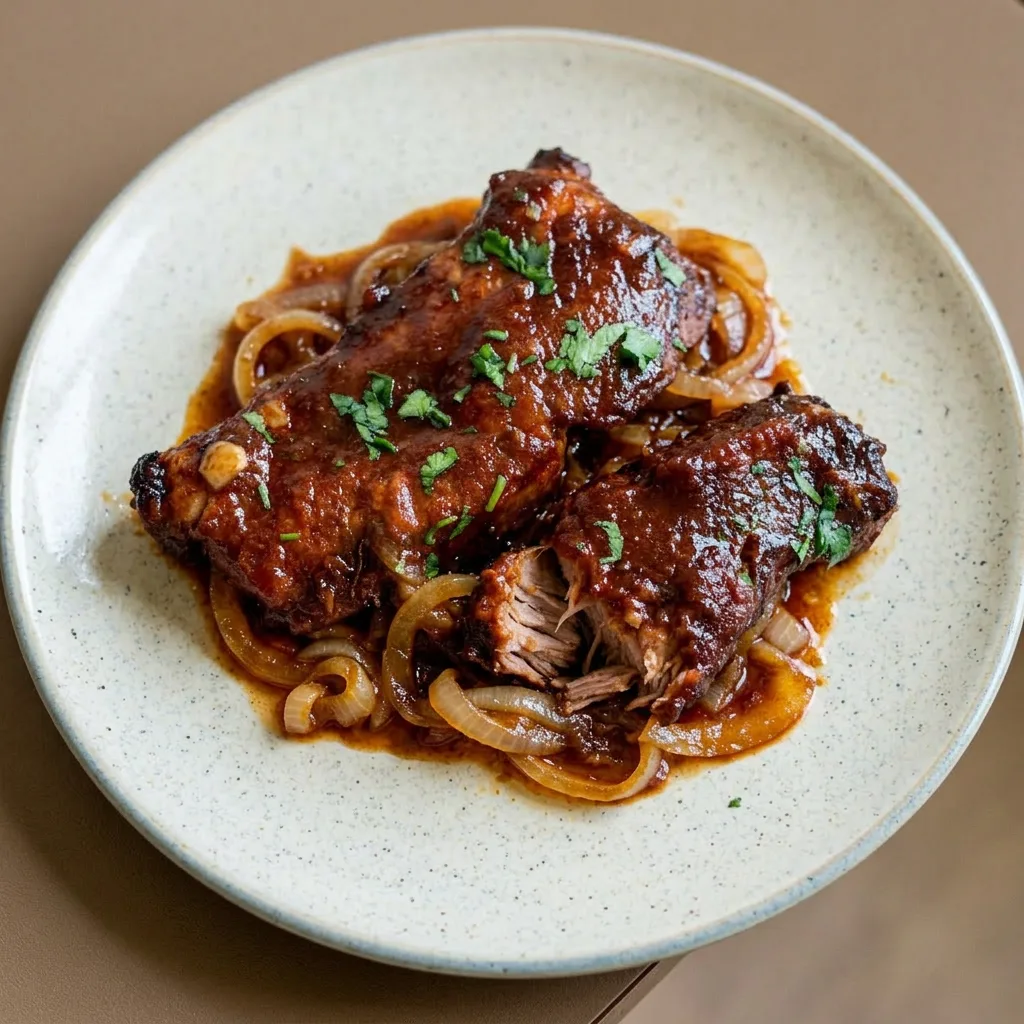 A serving of three pork ribs arranged in a row, glossy sauce pooling around them, with a dusting of chili and mustard powder.