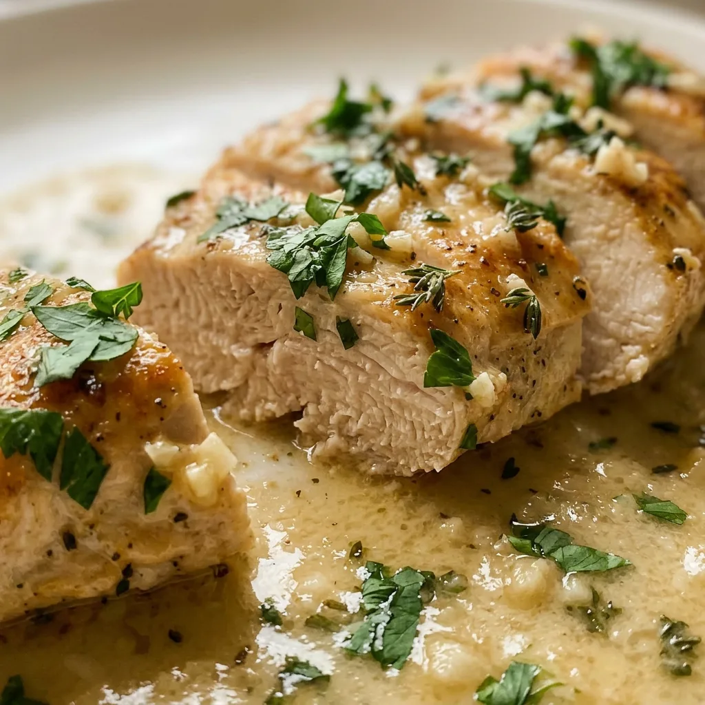 Close view of a chicken breast glistening with butter and garlic, garnished with parsley and thyme, and a squeeze of lemon.
