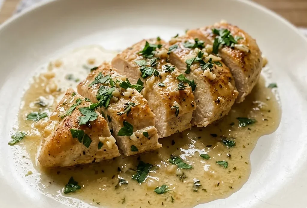 Overhead shot of a chicken breast topped with melted butter, minced garlic, parsley, and thyme, with lemon juice drizzled on top.