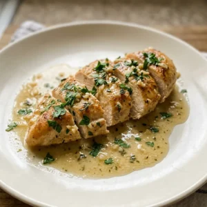 Overhead shot of a chicken breast topped with melted butter, minced garlic, parsley, and thyme, with lemon juice drizzled on top.