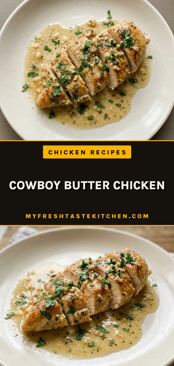 Overhead shot of a chicken breast topped with melted butter, minced garlic, parsley, and thyme, with lemon juice drizzled on top.