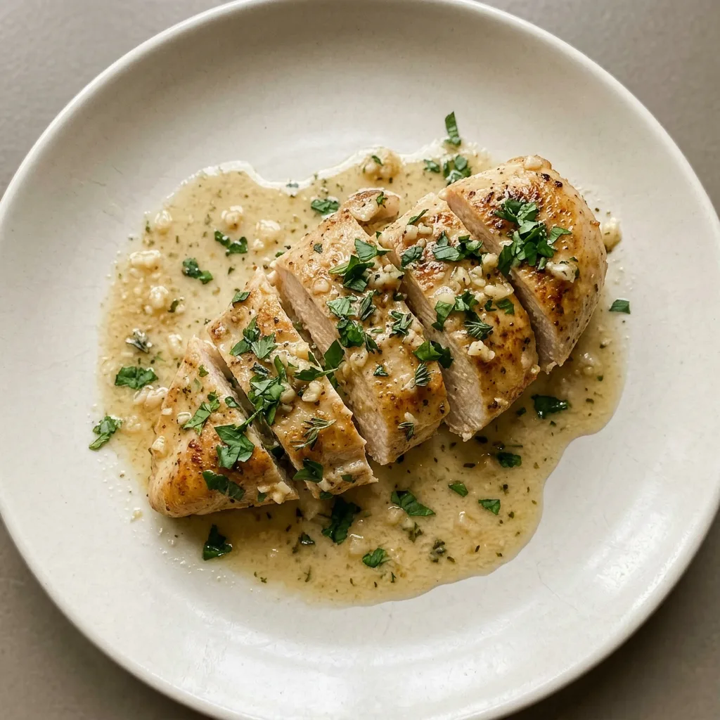 Plated chicken breast with a butter sauce, visible garlic pieces, fresh parsley and thyme leaves, and lemon juice.
