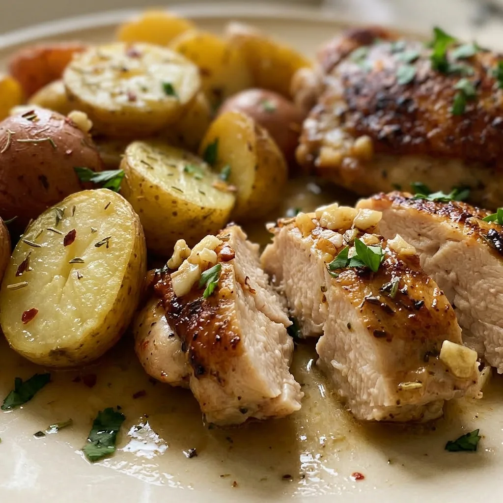 Up close, a crispy-skinned chicken thigh next to golden baby potatoes, topped with melted butter, garlic, and fresh rosemary.