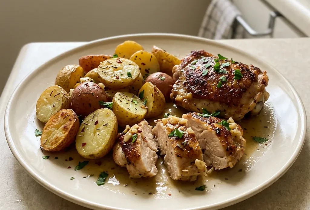 Looking down at chicken thighs and baby potatoes with garlic cloves, butter pats, and rosemary sprigs, seasoned with smoked paprika and thyme.