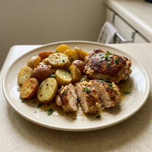 Looking down at chicken thighs and baby potatoes with garlic cloves, butter pats, and rosemary sprigs, seasoned with smoked paprika and thyme.