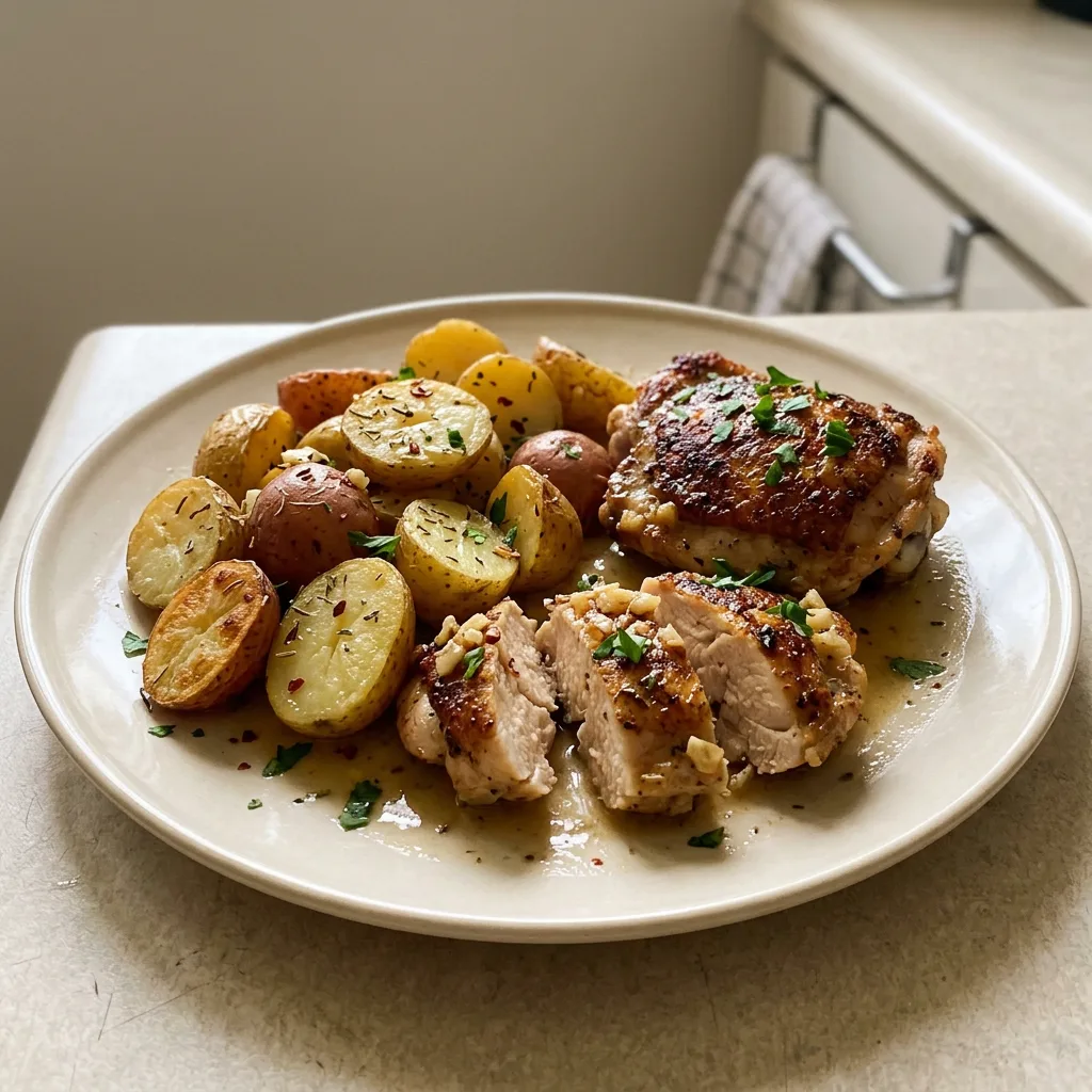 Looking down at chicken thighs and baby potatoes with garlic cloves, butter pats, and rosemary sprigs, seasoned with smoked paprika and thyme.