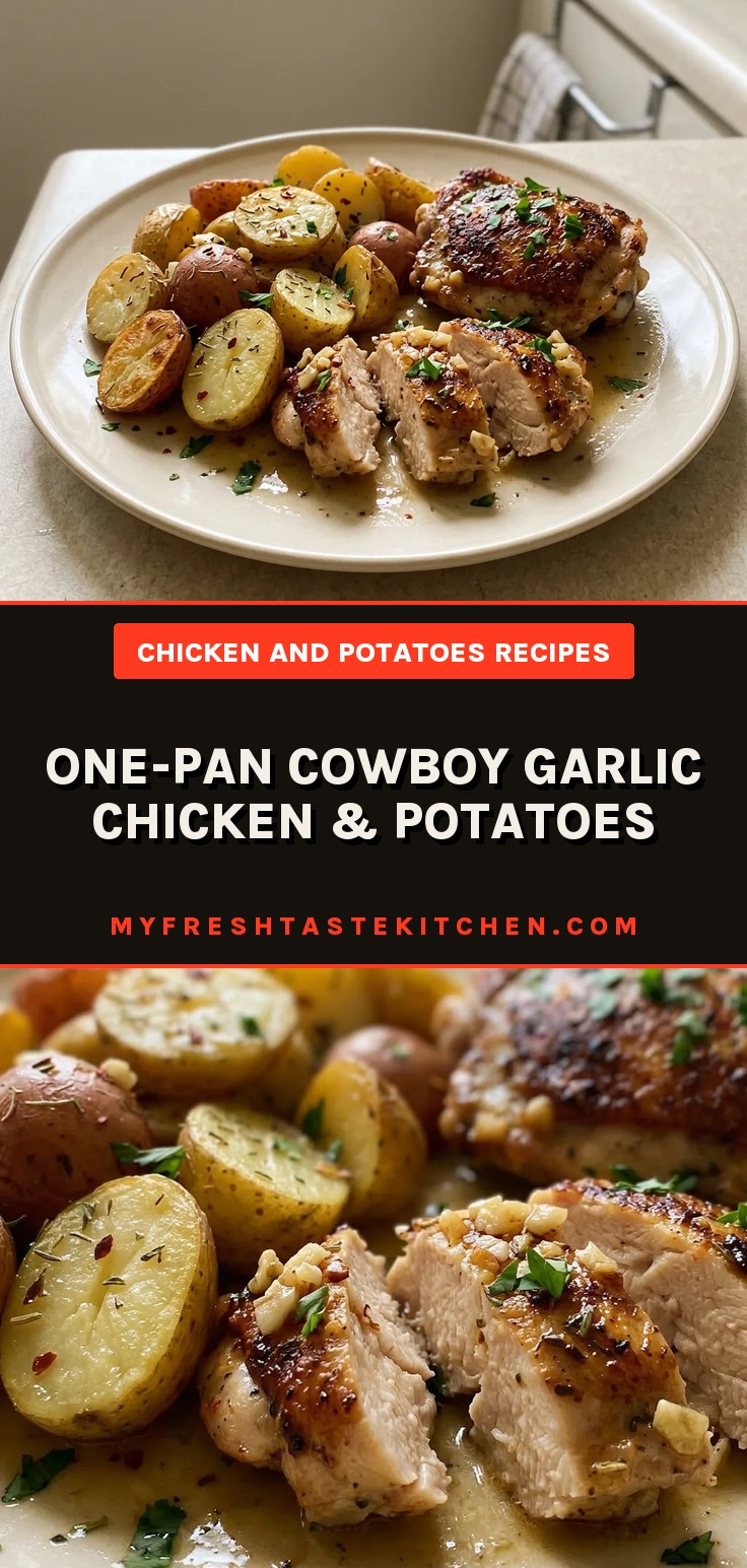 Looking down at chicken thighs and baby potatoes with garlic cloves, butter pats, and rosemary sprigs, seasoned with smoked paprika and thyme.