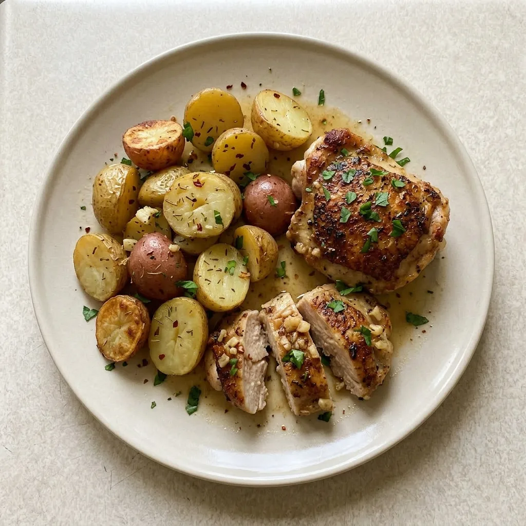 A plate of chicken thighs and baby potatoes, garnished with garlic, butter, smoked paprika, rosemary, and thyme.