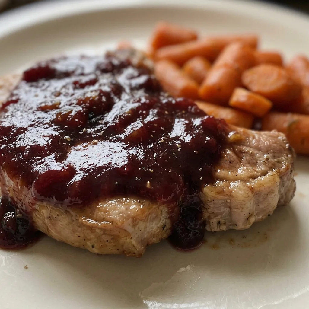 Close view of a glazed pork chop with cranberry sauce, Dijon mustard streaks, and balsamic vinegar drizzle on top.