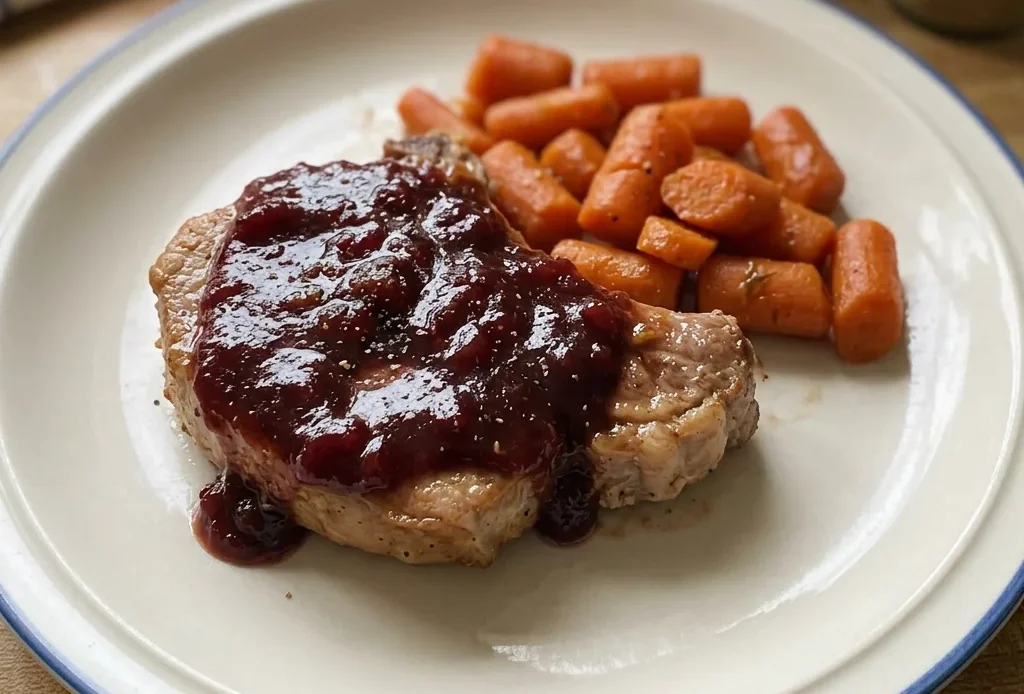 Overhead shot of two boneless pork chops topped with thick cranberry sauce, garnished with fresh cranberries and rosemary sprigs.