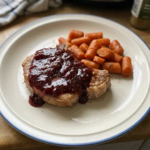 Overhead shot of two boneless pork chops topped with thick cranberry sauce, garnished with fresh cranberries and rosemary sprigs.
