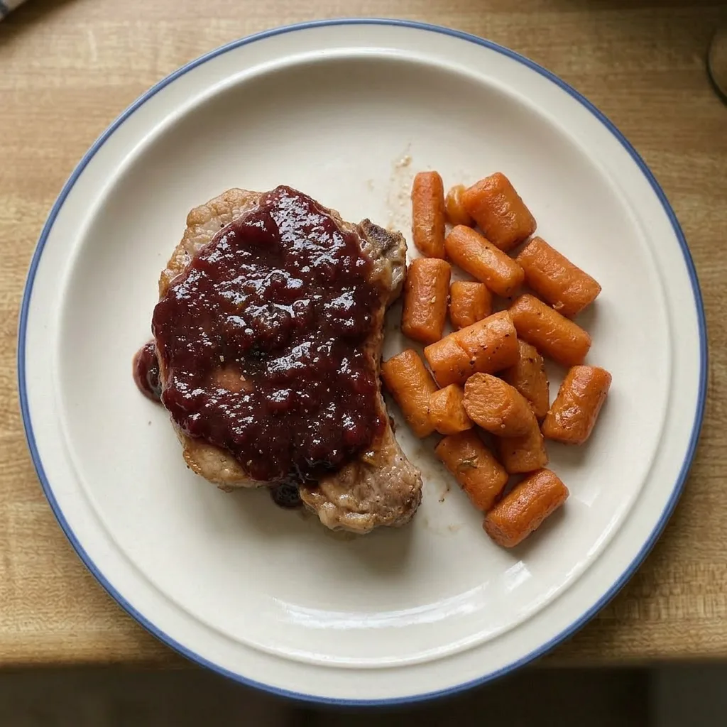 Plated pork chop with cranberry sauce, a dollop of brown sugar mixture, and fresh cranberries alongside.