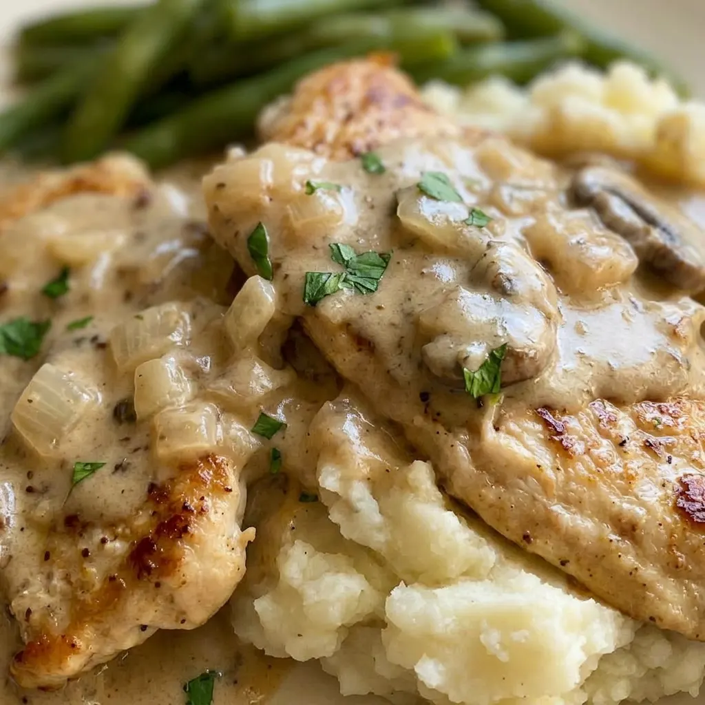 Macro detail of a chicken thigh with glossy cream sauce, showing caramelized onion edges and butter sheen.